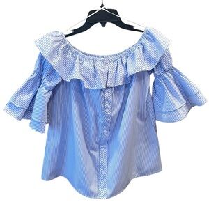 Vine & Love on/off shoulder bell sleeve button ruffle striped top S blue white